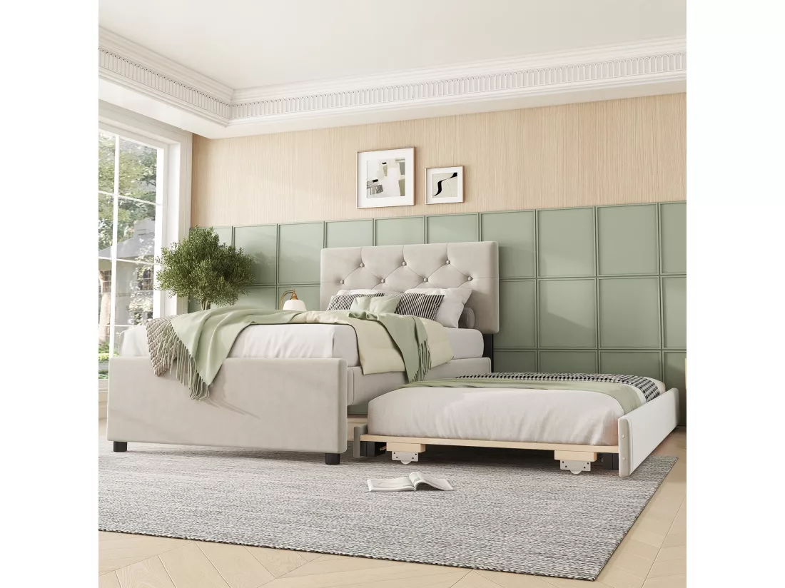 Lit gigogne 90 x 200 cm + 90 x 190 cm avec tête de lit - velours - beige (sans matelas)