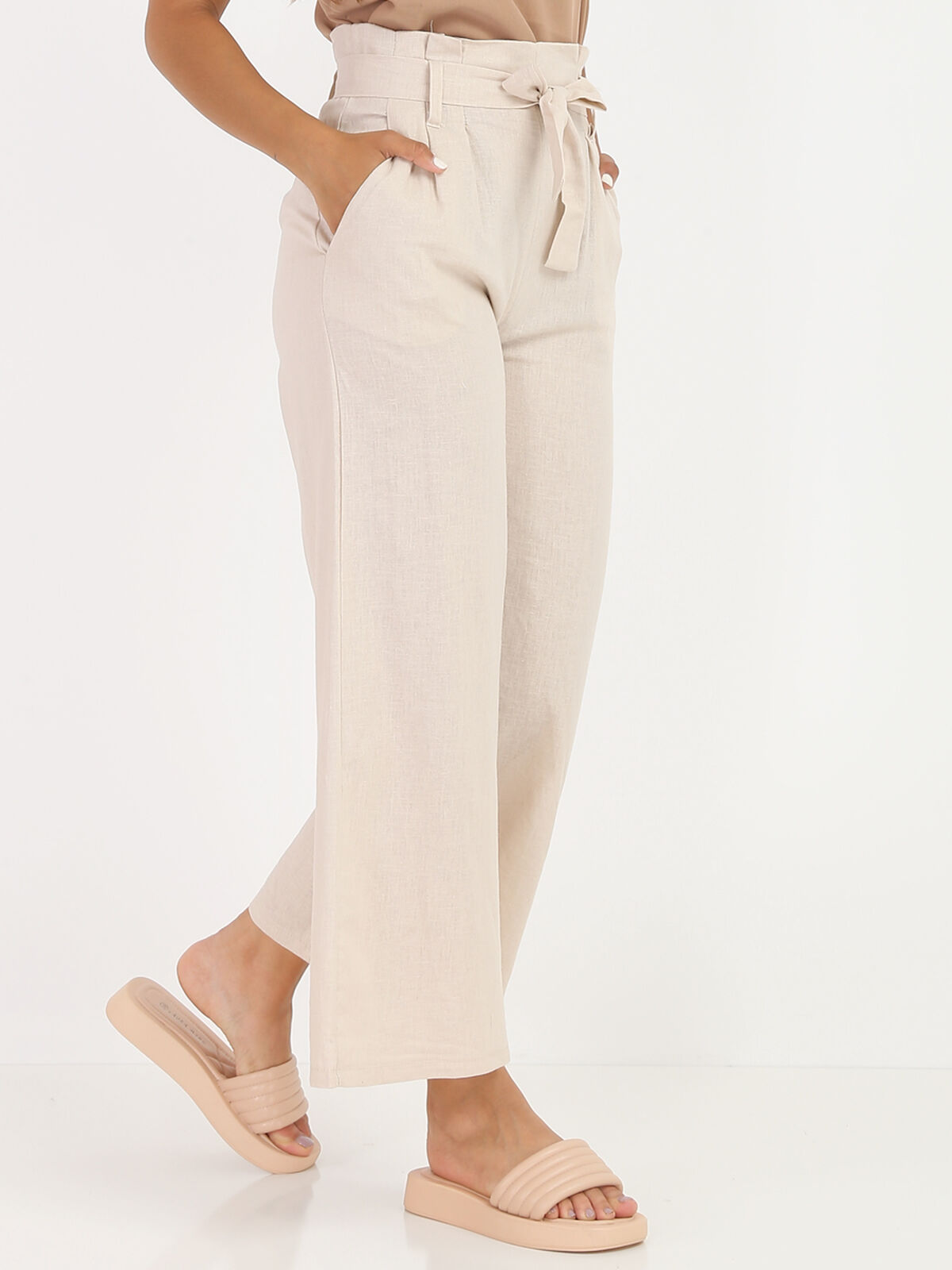 Pantalon large en lin- Beige
