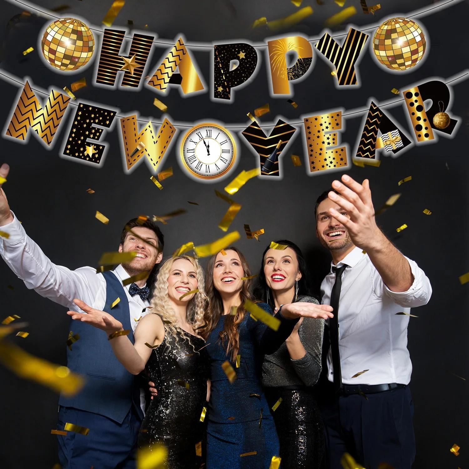 (5m) Happy New Year Girlande Silvester Party Deko Accessoire Banner Discokugel - Schwarz / Gold