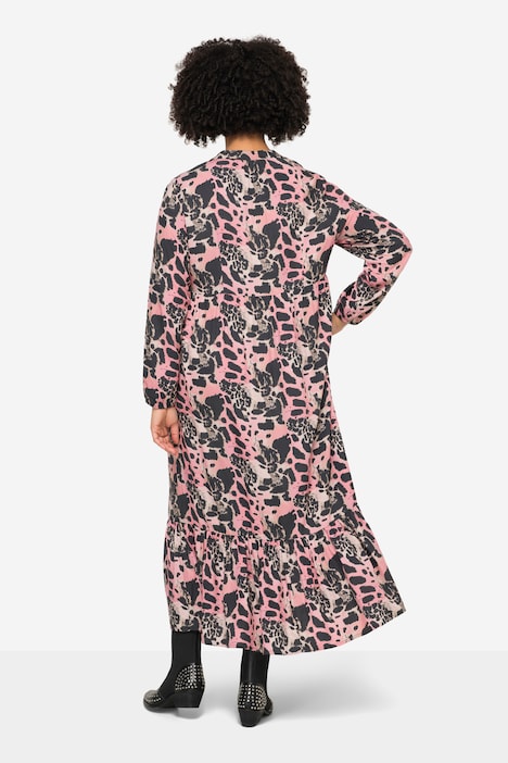 Maxikleid, A-Linie, Animal-Mustermix, Tunika-Ausschnitt, Langarm