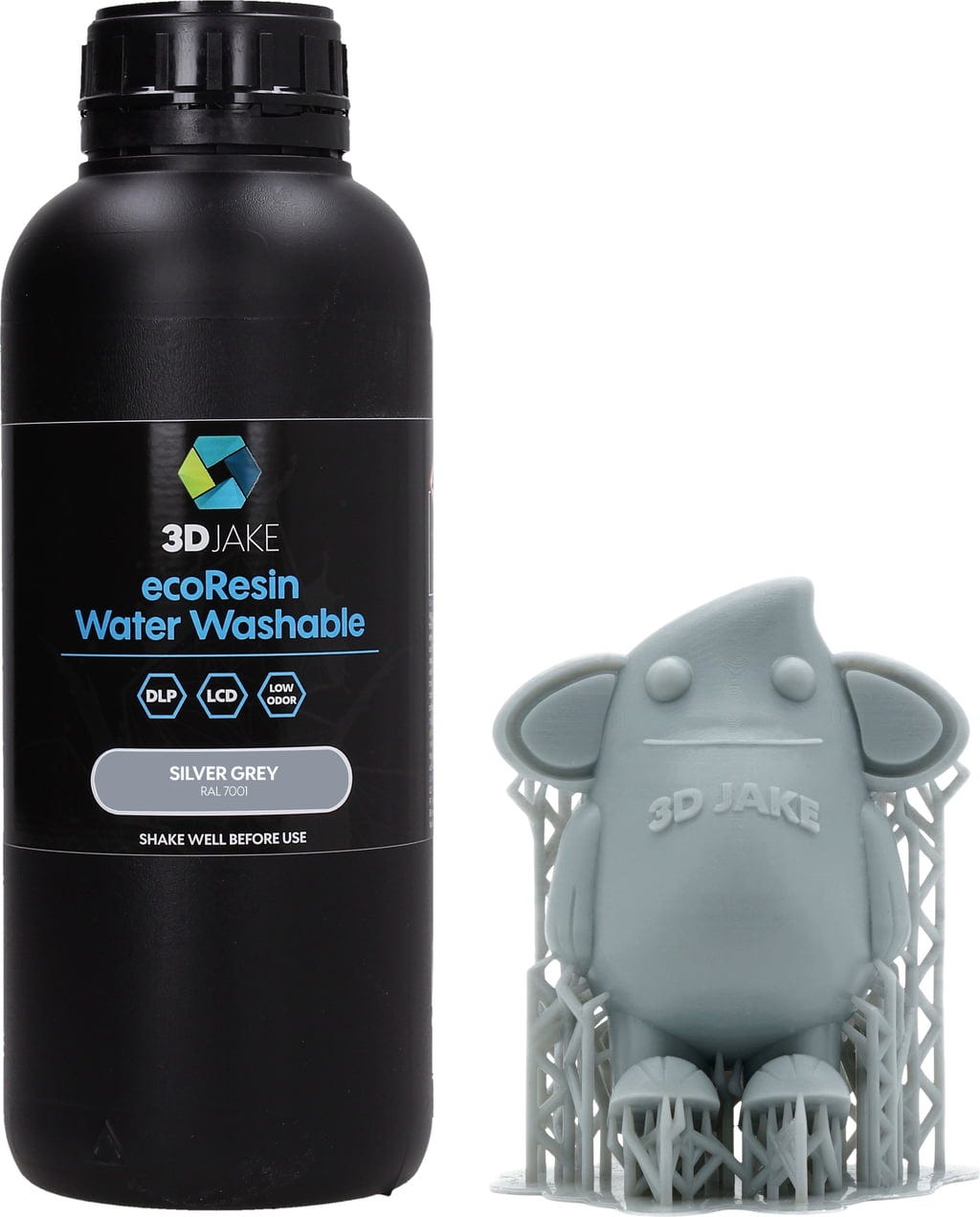 3DJAKE  ecoResin Water Washable Silbergrau, 1.000 g    Hochwertiges, wasserwaschbares Resin für effizienten 3D-Druck in Silbergrau