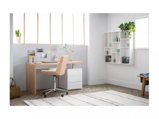 Chaise de bureau à roulettes design blanc, bois clair et acier chromé MELKIOR