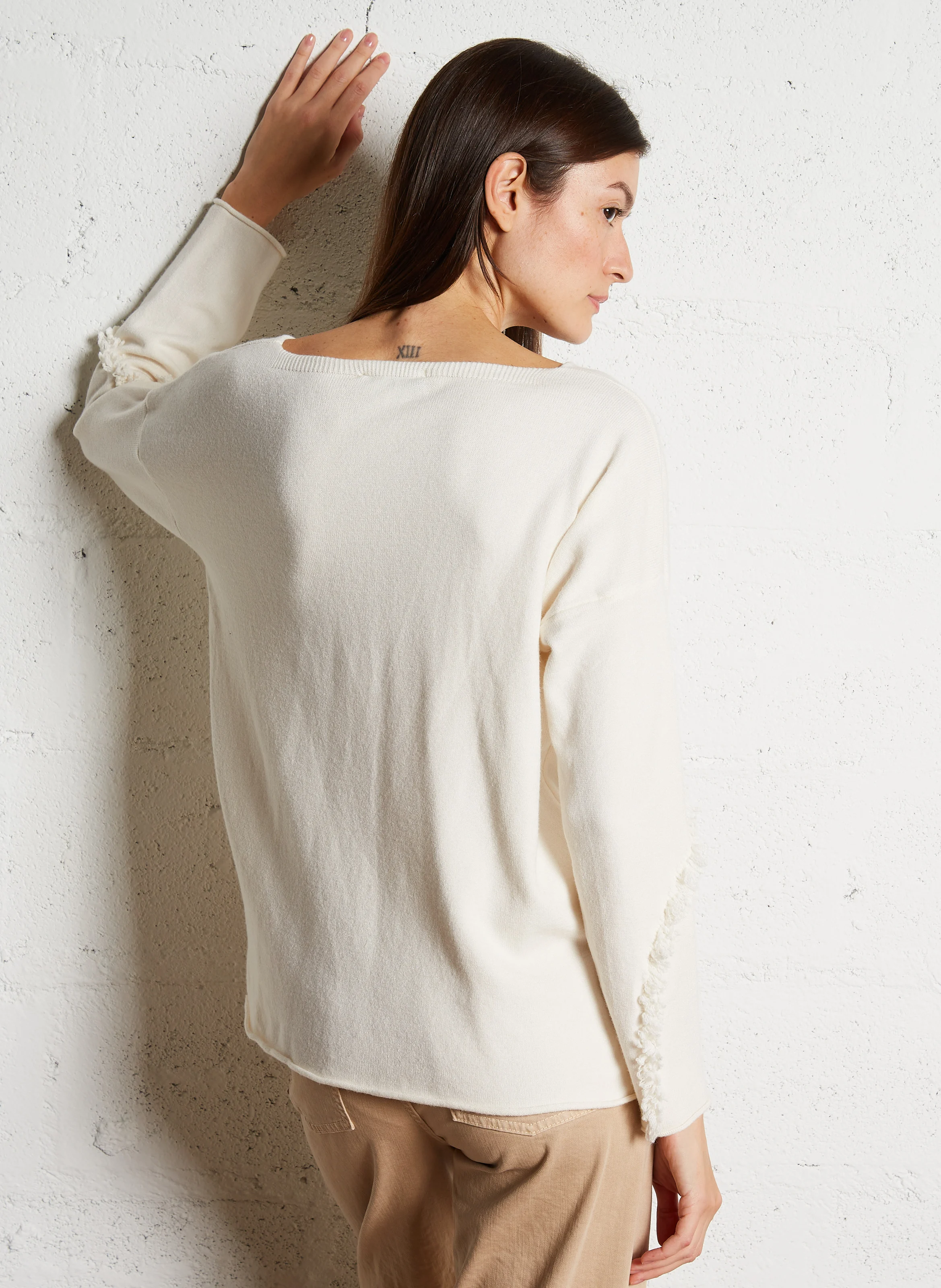 Pull col rond à franges | Blanc