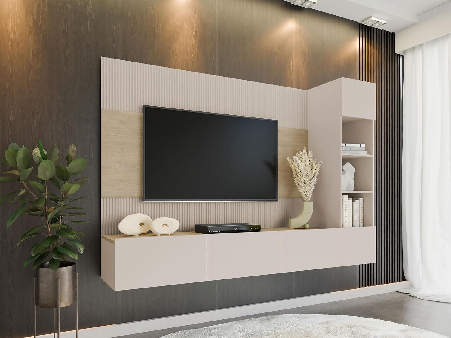 Mirjan24 Wohnwand Deromi, Anbauwand mit Wandpaneele und TV-Lowboard, Akustikplatten, Fernsehschrank, Schrankwand, Mediawand, TV-Lowboard (Sandbeige + Eiche Cremona, 1x Hängeregal)