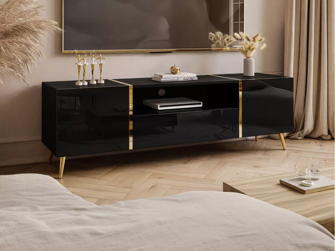 Meuble TV avec 2 portes, 1 tiroir et 1 niche - Noir brillant et Doré - MARZIALO