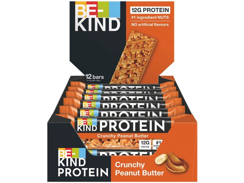BE-KIND Riegel Protein Crunchy Peanut Butter 12 x 50 g Die Mischung aus cremiger Erdnussbutter und knusprigen ganzen Erdnüssen für einen leckeren pflanzlichen Eiweisskick