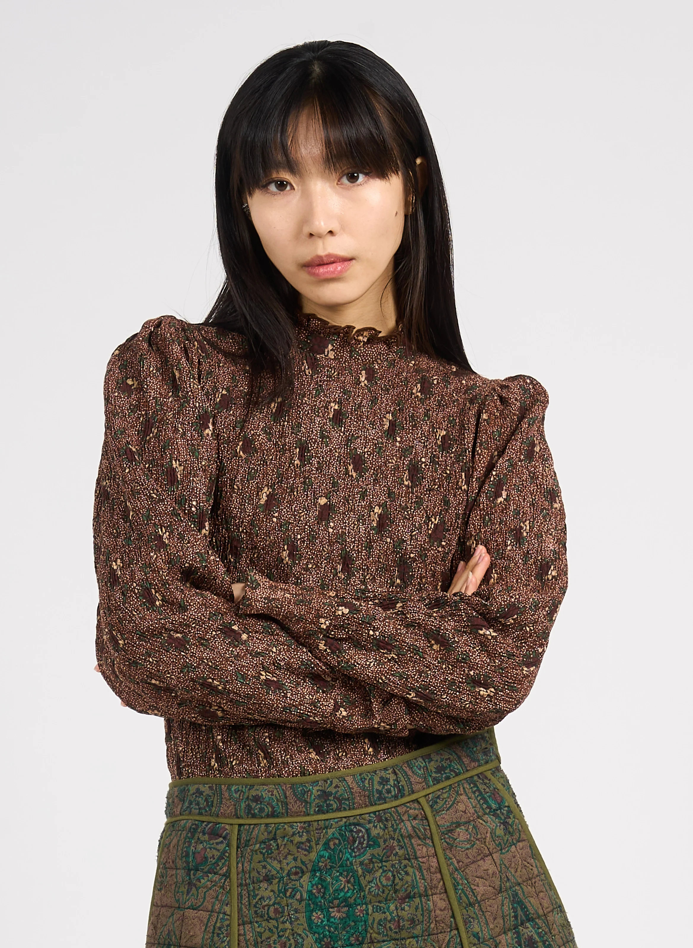 PADDY - Top col rond imprimé à smocks en coton | Marron
