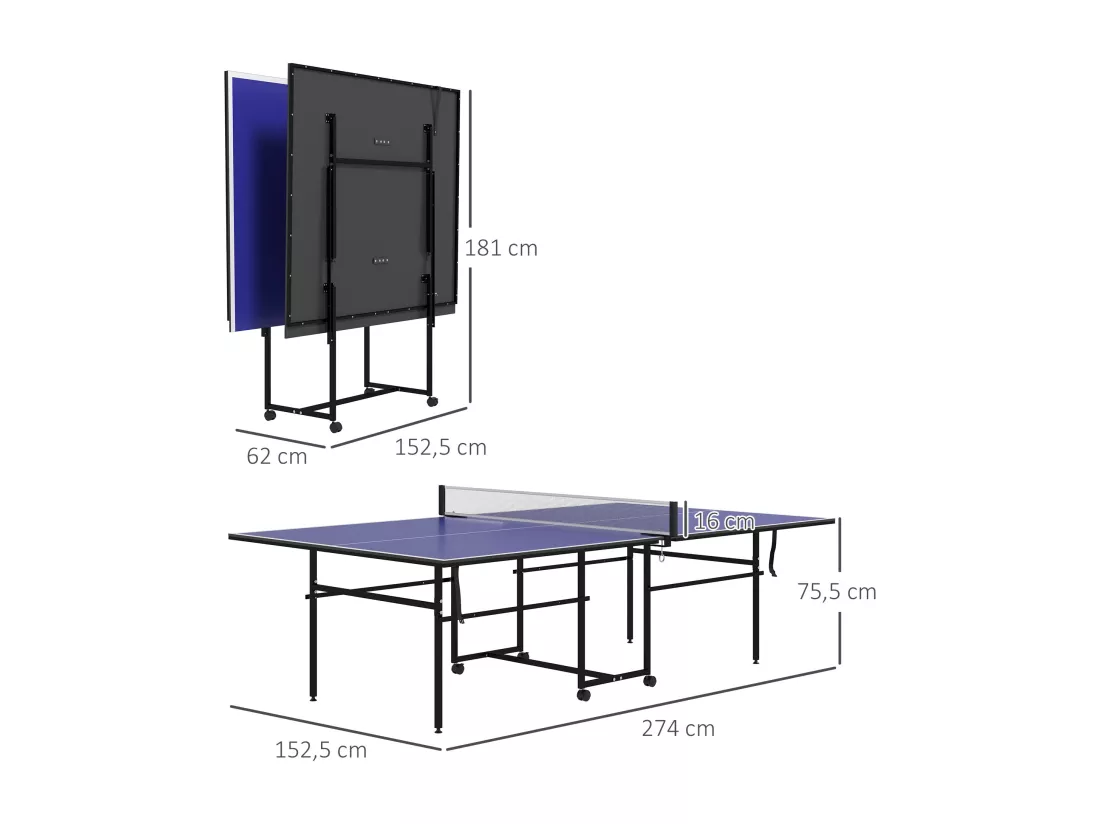 Table de ping-pong pliable compacte avec 4 roulettes bleu