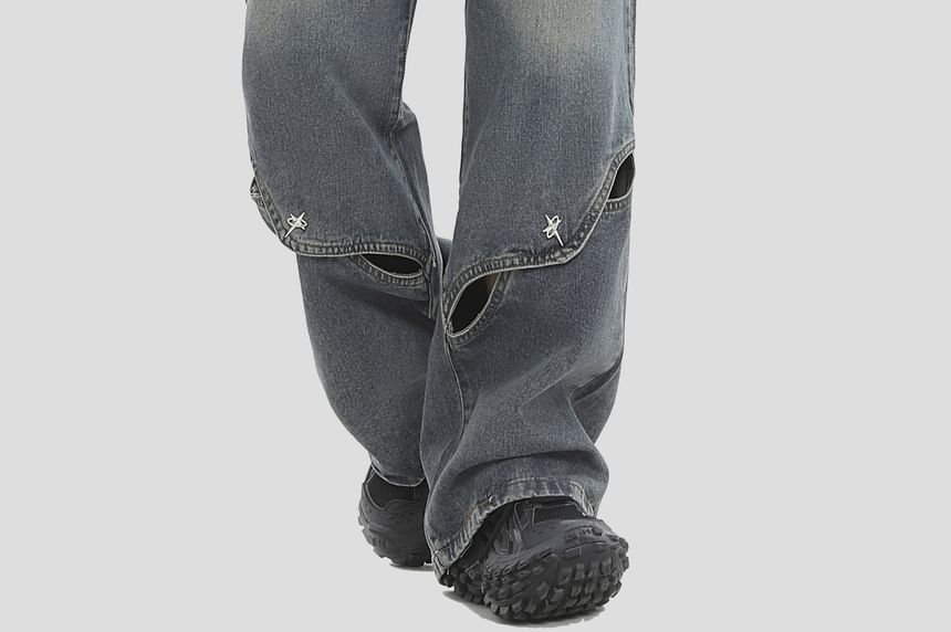 INStudio - High Waist Washed Cutout Wide Leg Jeans