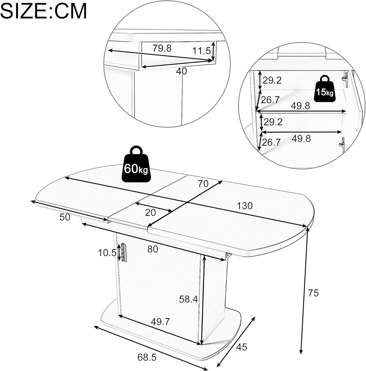 Esstisch Küchentisch Ovaler für 4-6 Personen, Esstisch Ausziehbar 110-130 x 70 cm, Esszimmertisch mit Stauraum Regal und Türen, Modern Tisch mit Tischplatte für Esszimmer Wohnzimmer (Weiß)