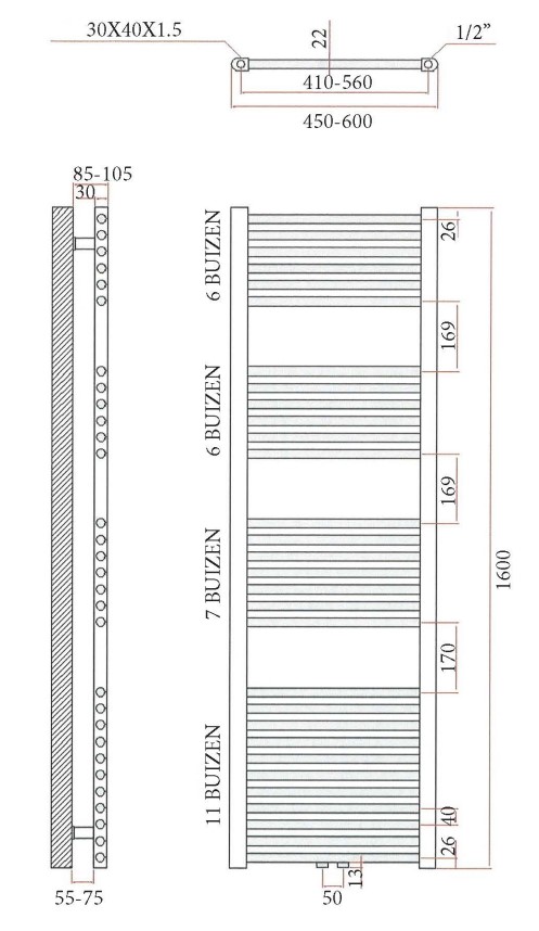 Sanicare design handdoekradiator 45x160cm midden aansluiting inox look