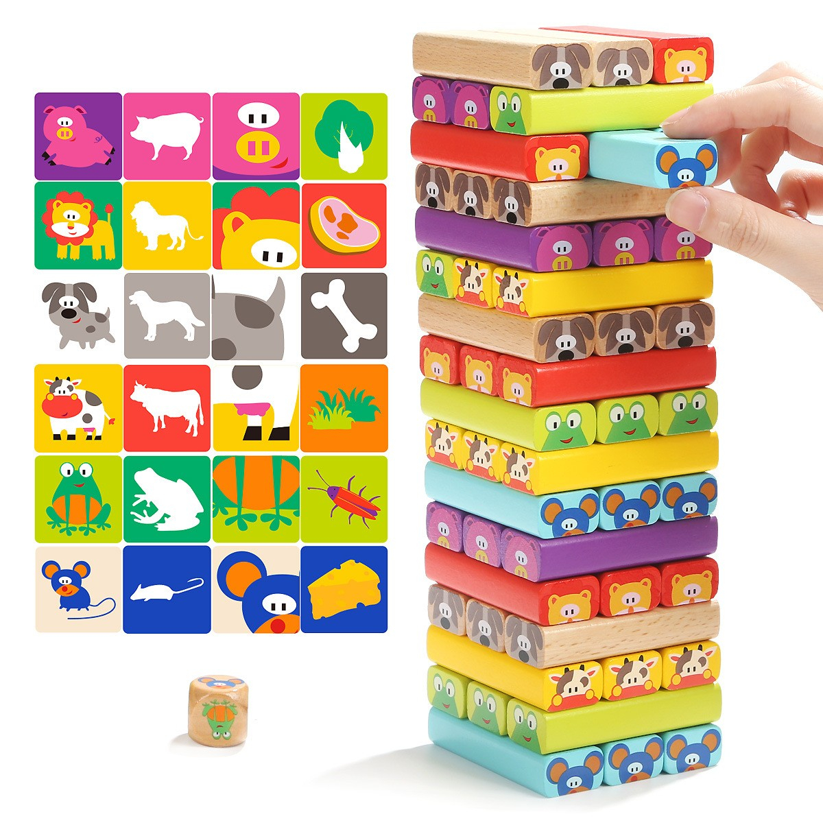 (76-tlg. Set) Balance Holz Wackelturm Spielzeug Geschicklichkeit Kinderspiel / Familienspiel - Tierbilder