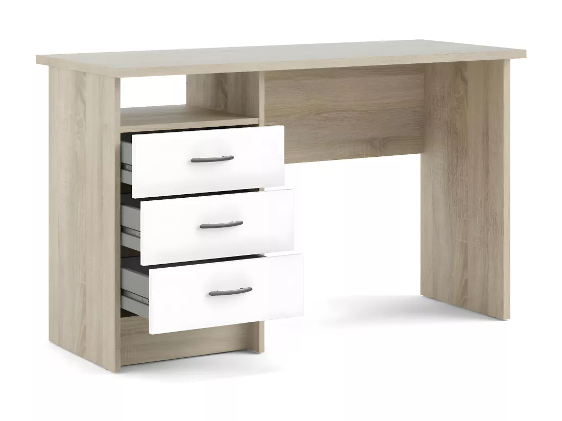 Bureau linéaire à trois tiroirs, couleur chêne blanc, Dimensions 120 x 72 x 48 cm