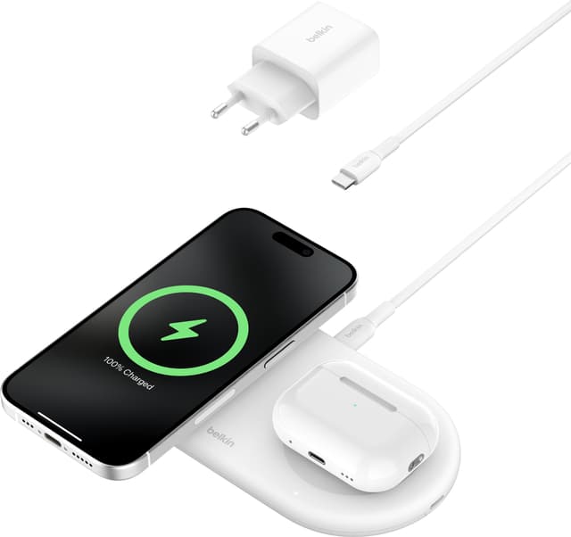 Belkin BoostCharge Pro 2i1 Magnetic Qi2 trådløs oplader (hvid)
