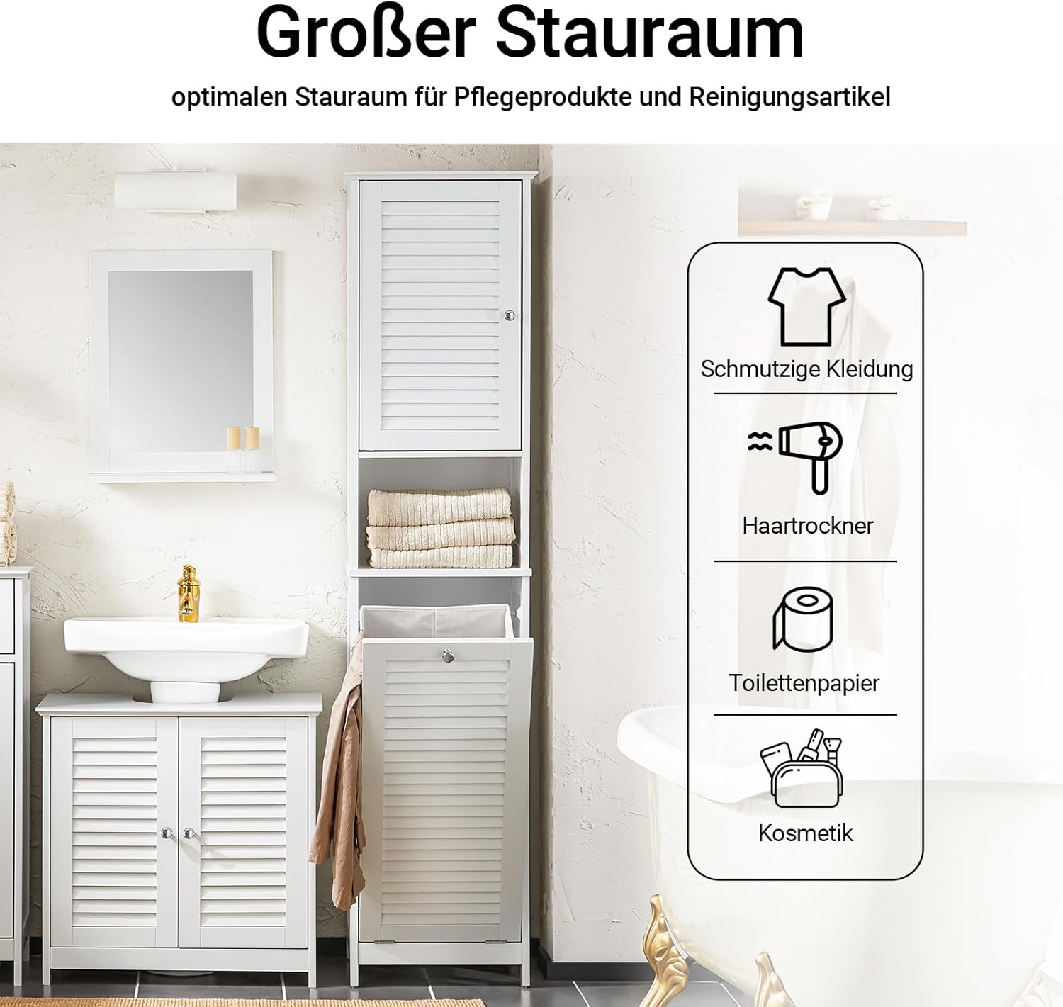 SoBuy Badezimmerschrank mit Wäschekorb Schmaler Badschrank mit Regal, Badmöbel für kleine Bäder, Wäscheschrank stehend Badezimmer Schrank Weiß 40x170x38 cm BZR124-W
