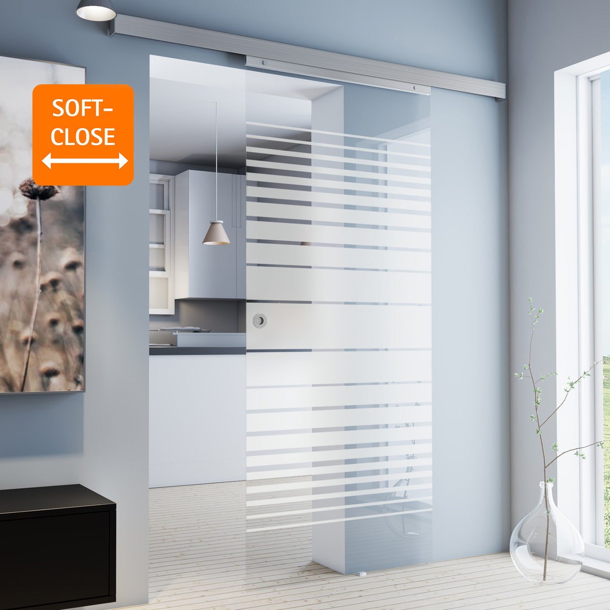Schuifdeur van glas, gestreept, 880x2035 mm, binnendeur, glazen schuifdeur - vierkante greep + 2-zijdige softclose