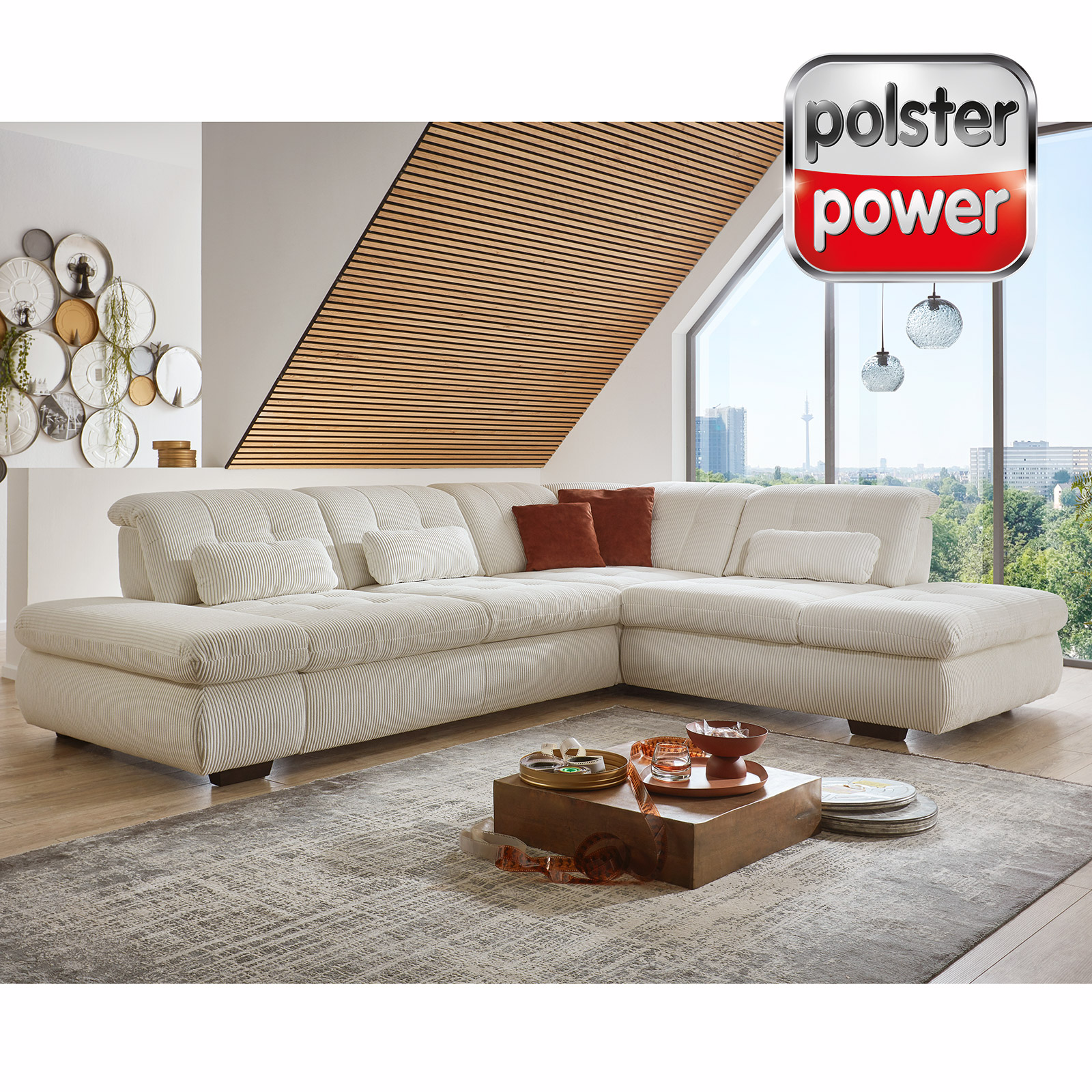 polsterpower Ecksofa - Cord natur - Basismodell - Anstellhocker rechts
