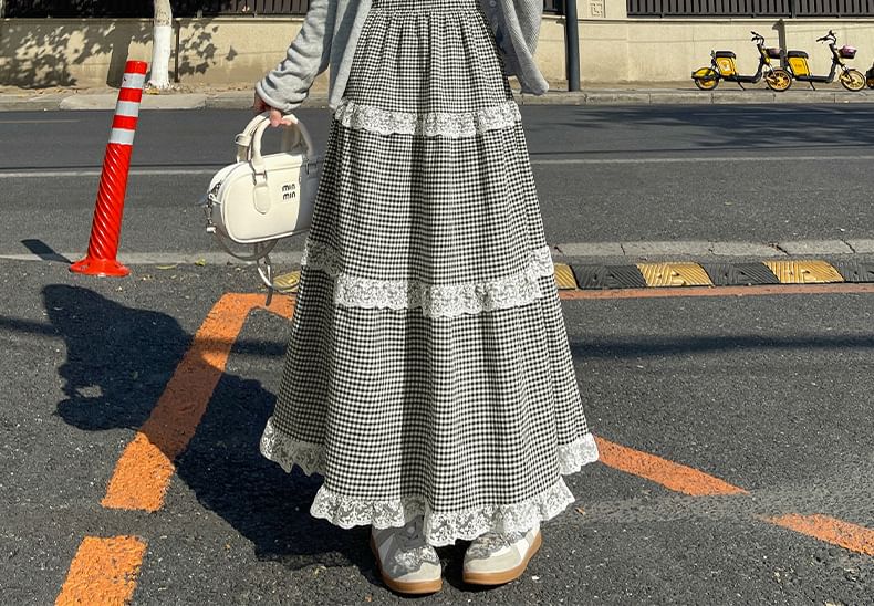 hollybunbur - Hoge taille geruite maxi-A-lijn rok met kantversiering (verschillende ontwerpen)