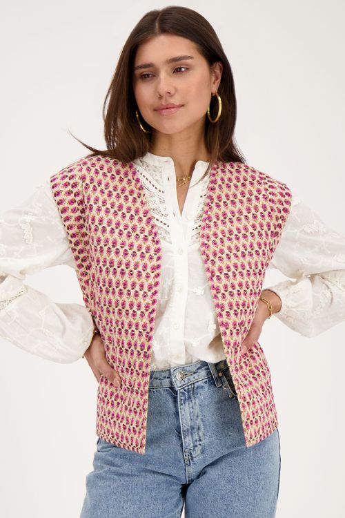 Beige gilet met roze en groene bloemenprint