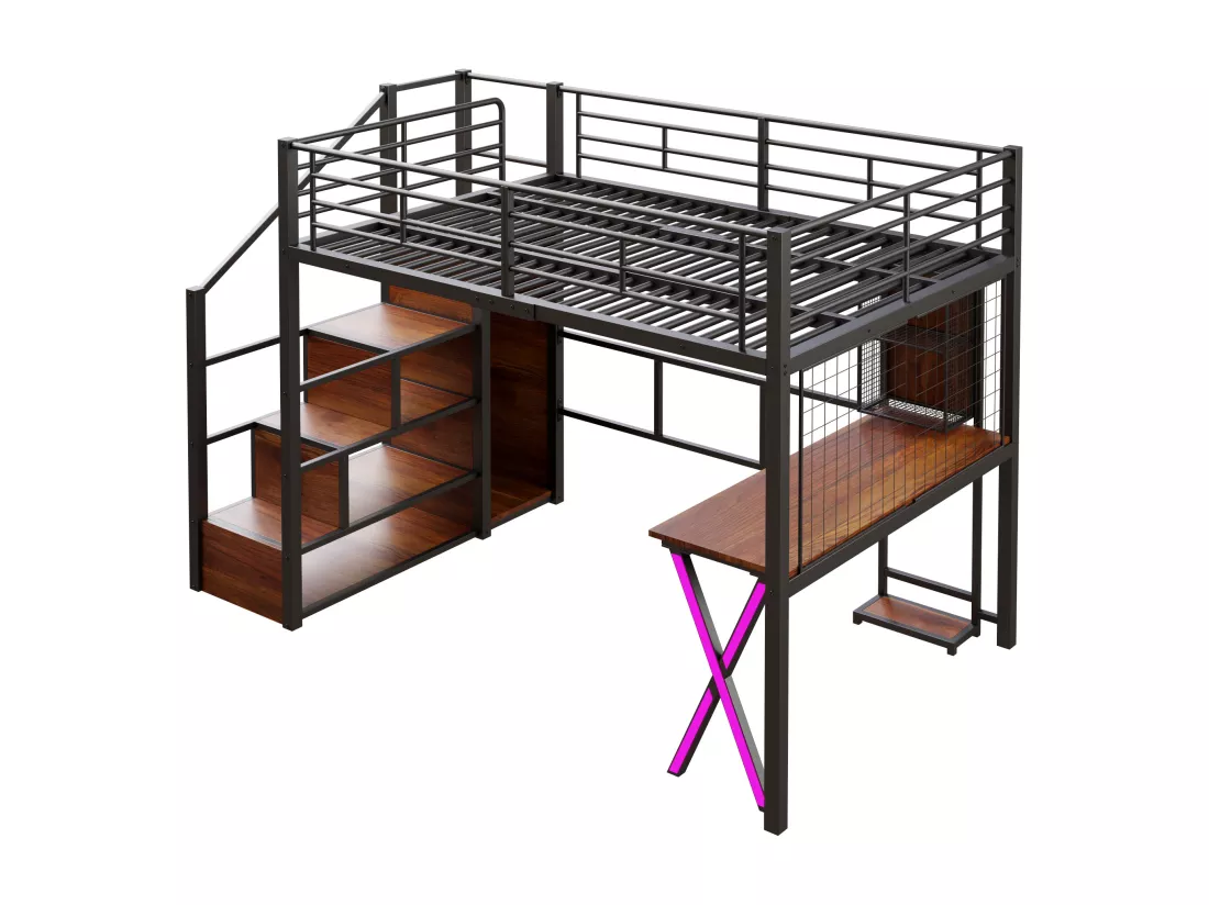 Lit mezzanine 140x200cm avec LED - bureau + penderie + échelle de rangement - Noir
