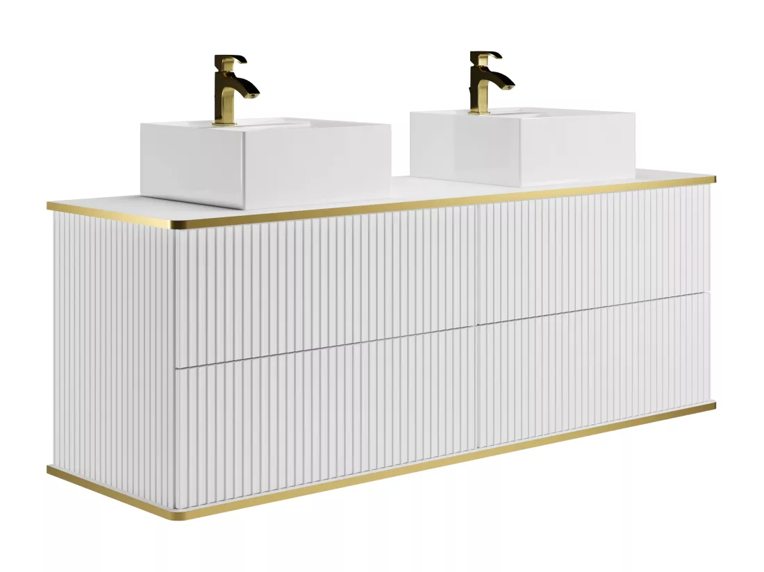 Meuble de salle de bain suspendu strié liseré doré avec double vasque à poser carrée - Blanc - 150 cm - KELIZA