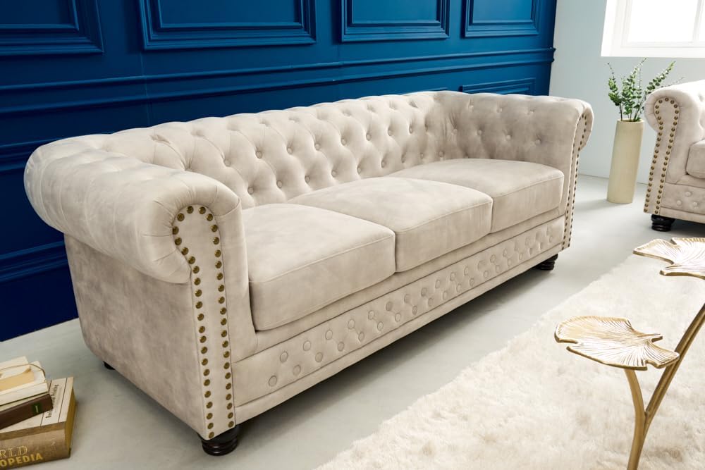 Riess Ambiente Chesterfield 3er Sofa 200cm Samt Champagner beige 3-Sitzer mit Knopfheftung und Federkern Couch Samtcouch Samtsofa Wohnzimmer gepolstert