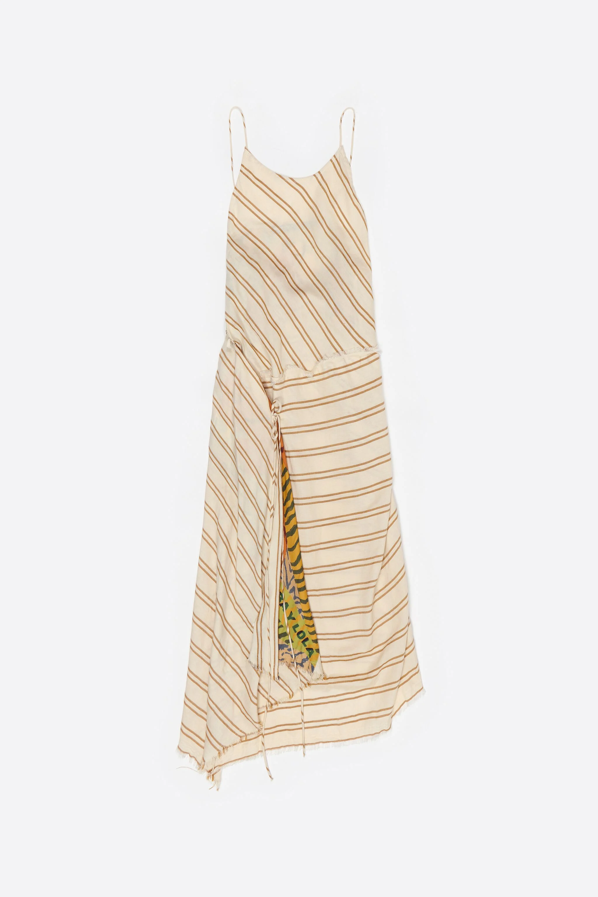 Vestido sarongue com forro estampado com listras cor areia.
