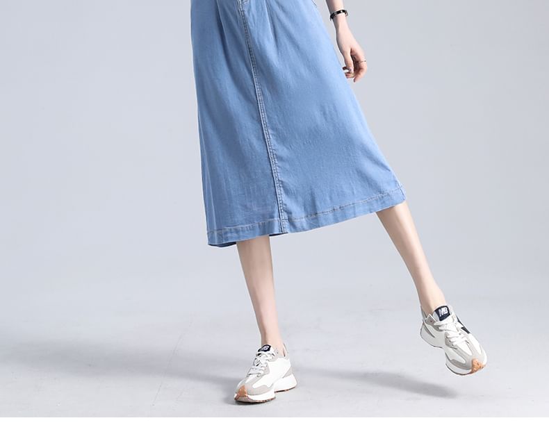 Magimomo - Midi-A-lijn denim rok met hoge taille