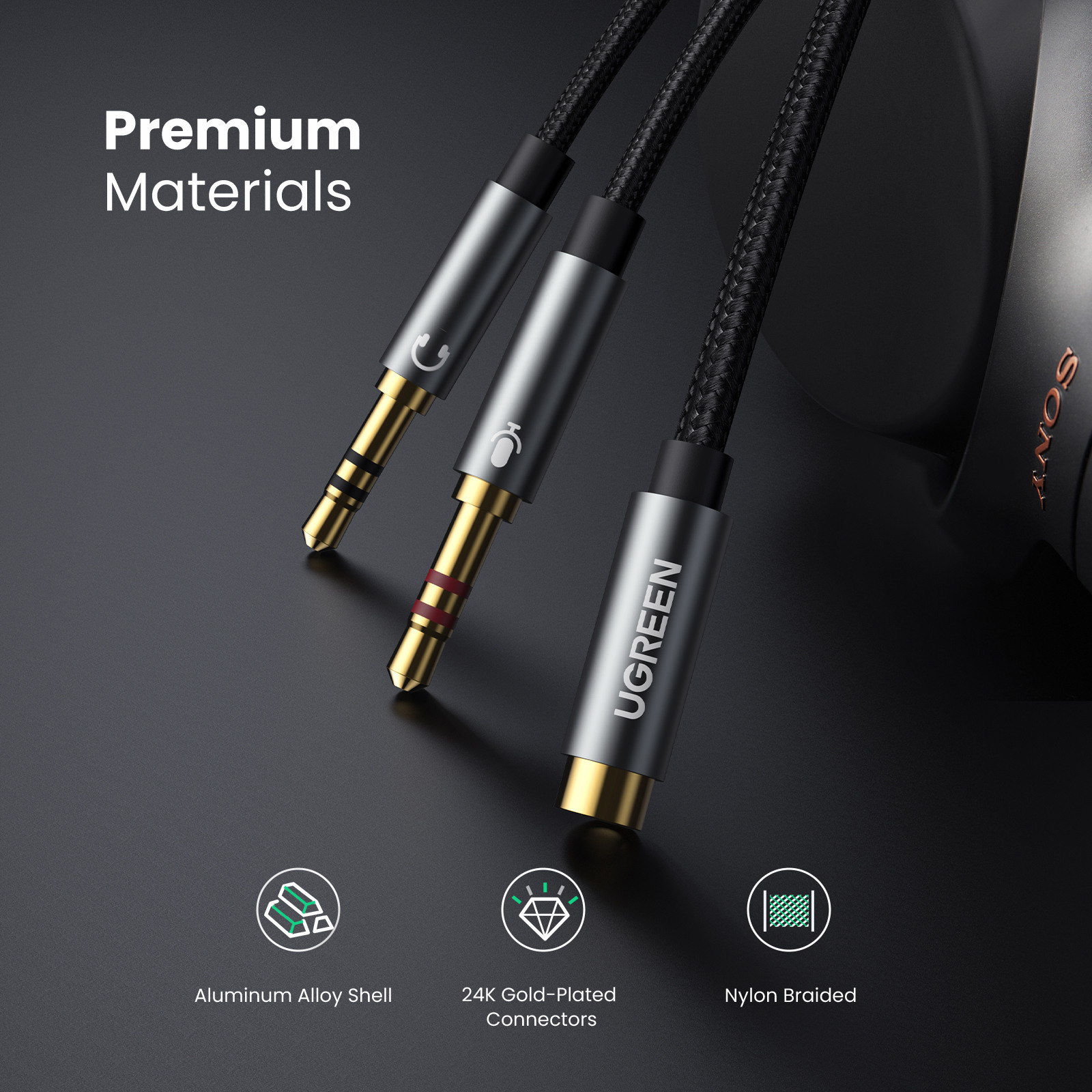 (20cm) Y-Splitter 3.5mm Klinke (w)  2x 3.5mm Klinke (m) Audio AUX Nylon Kabel (20899) - Grau
