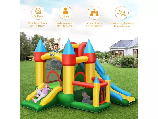 Château Gonflable avec 2 Toboggans, Aire de Saut, Piscine à Balles et Panier de Basketball, 330 x 300 x 210 cm pour Enfants 3-10 Ans Charge Max 135KG, Avec Gonfleur