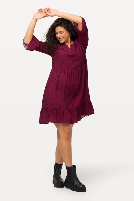Midikleid, Punkte, A-Linie, Tunika-Ausschnitt, 3/4-Arm