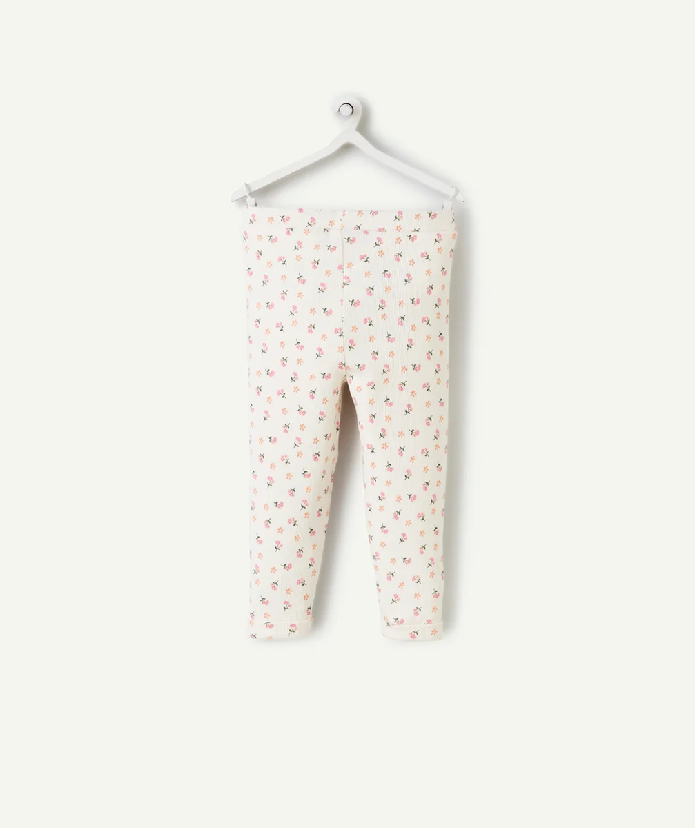 LEGGING BÉBÉ FILLE EN COTON BIO BLANC CÔTELÉ AVEC IMPRIMÉ FLEURI