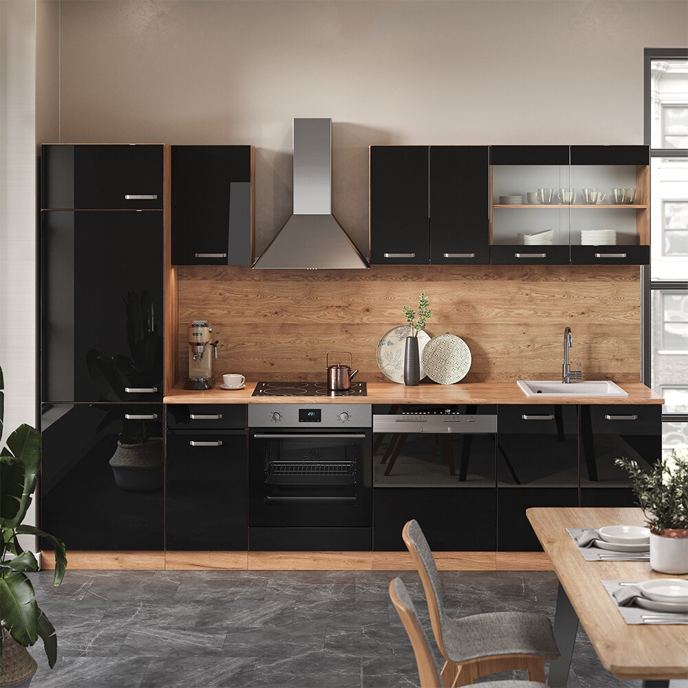 Vicco Küchenzeile R-Line Solid Eiche Schwarz 300 cm modern Küchenschränke Küchenmöbel