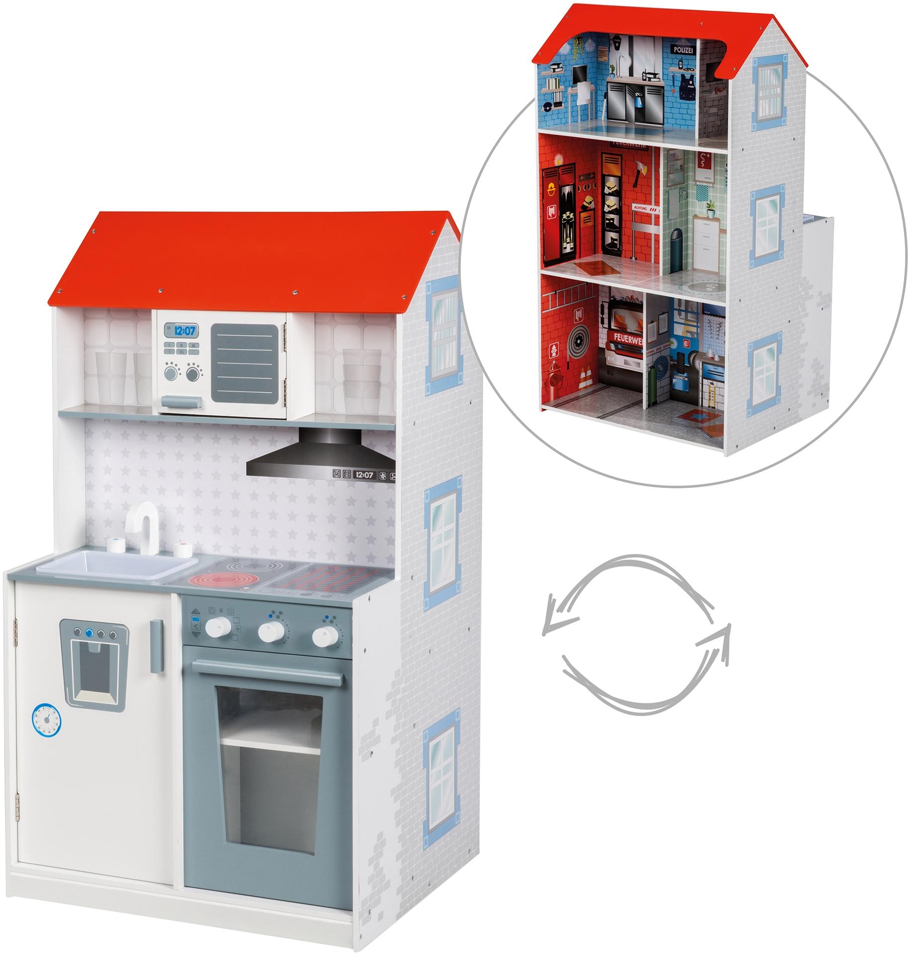 roba® Spielküche »2-in-1, Feuerwehr« mit mehrstöckigem Puppenhaus