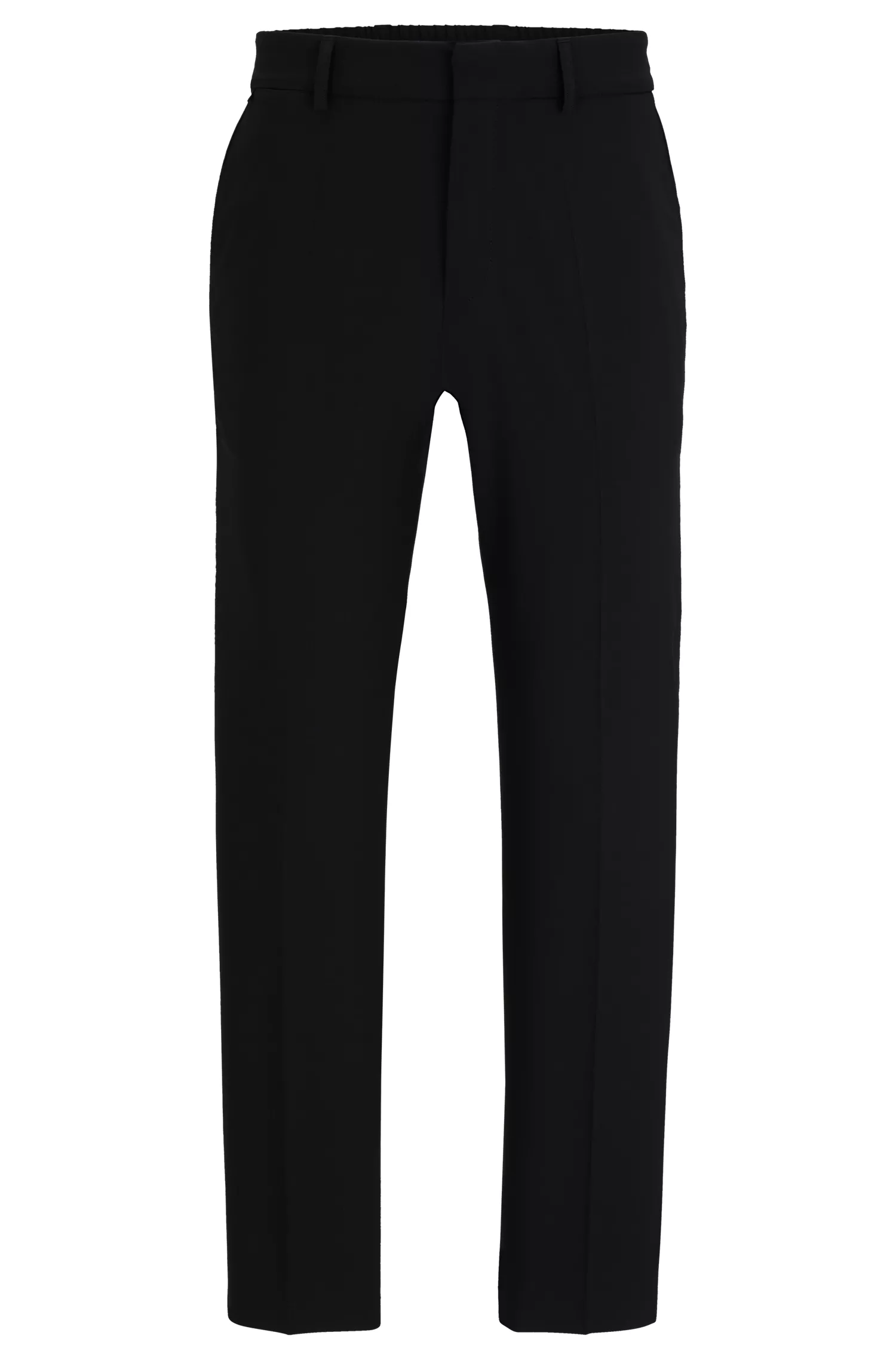 Calça BOSS preta de corte slim, em mistura de lã elástica de alta performance.