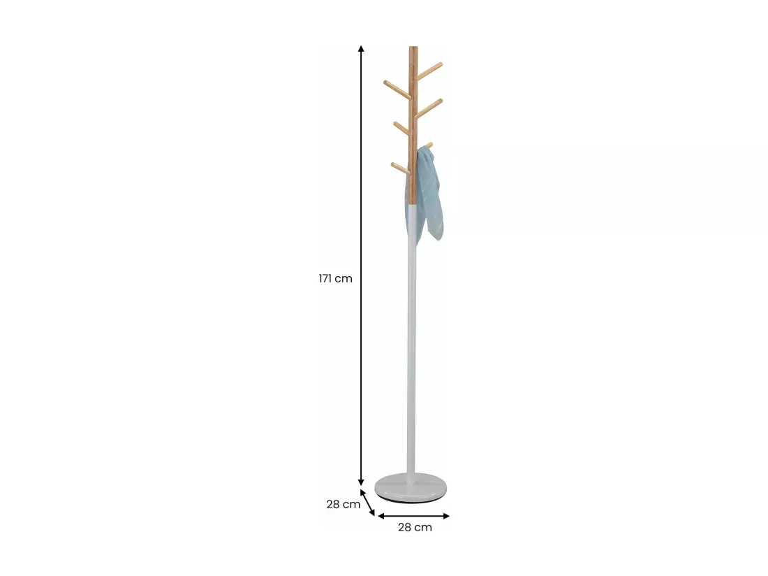 Porte-manteaux ENRICO portant à vêtements sur pied en forme d'arbre avec 6 crochets, en métal laqué blanc et bois