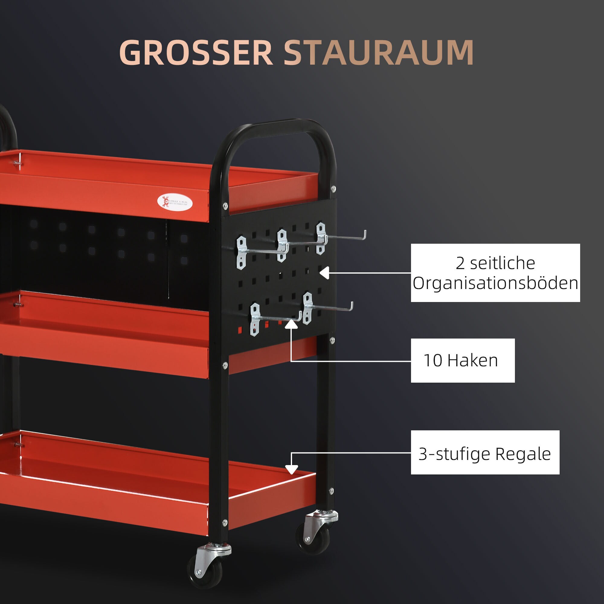 DURHAND Werkstatt-Rollwagen mit 3 Regalen rot 75L x 35B x 80H cm