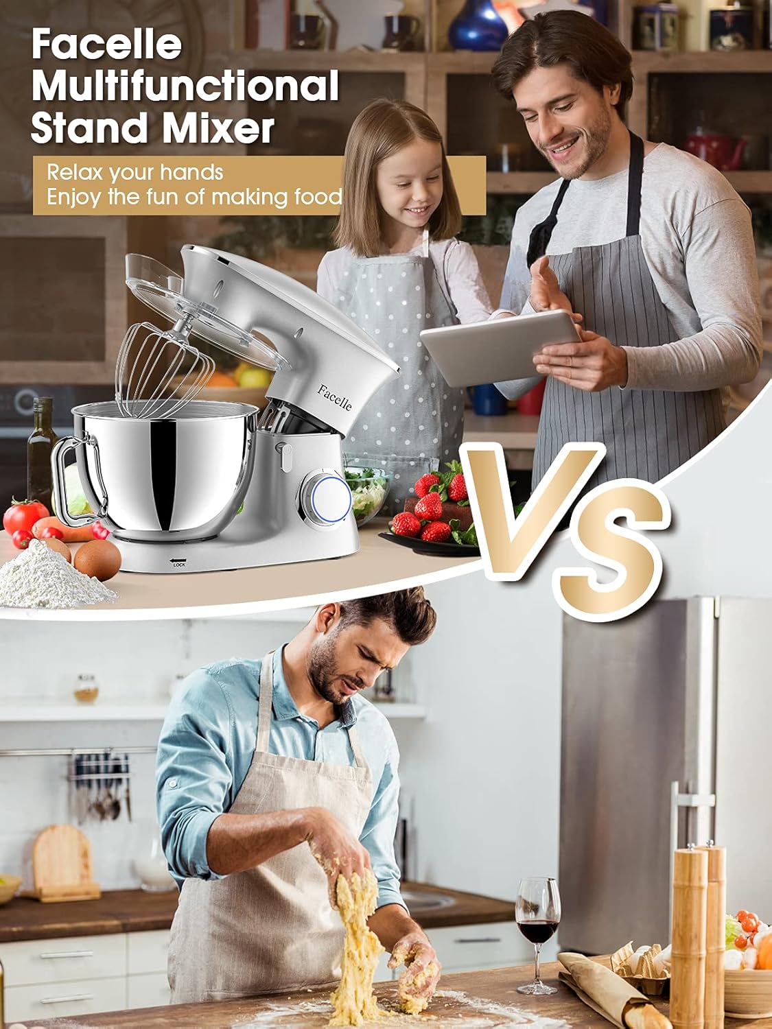 Küchenmaschine Knetmaschine 2000W 8,5L Facelle Teigknetmaschine Teigmaschine Rührmaschine mit Schneebesen, Knethaken, Rührbesen & Spritzschutz zum Backen, Kuchen, Kekse, Kneten, 6+P Geschwindigkeit