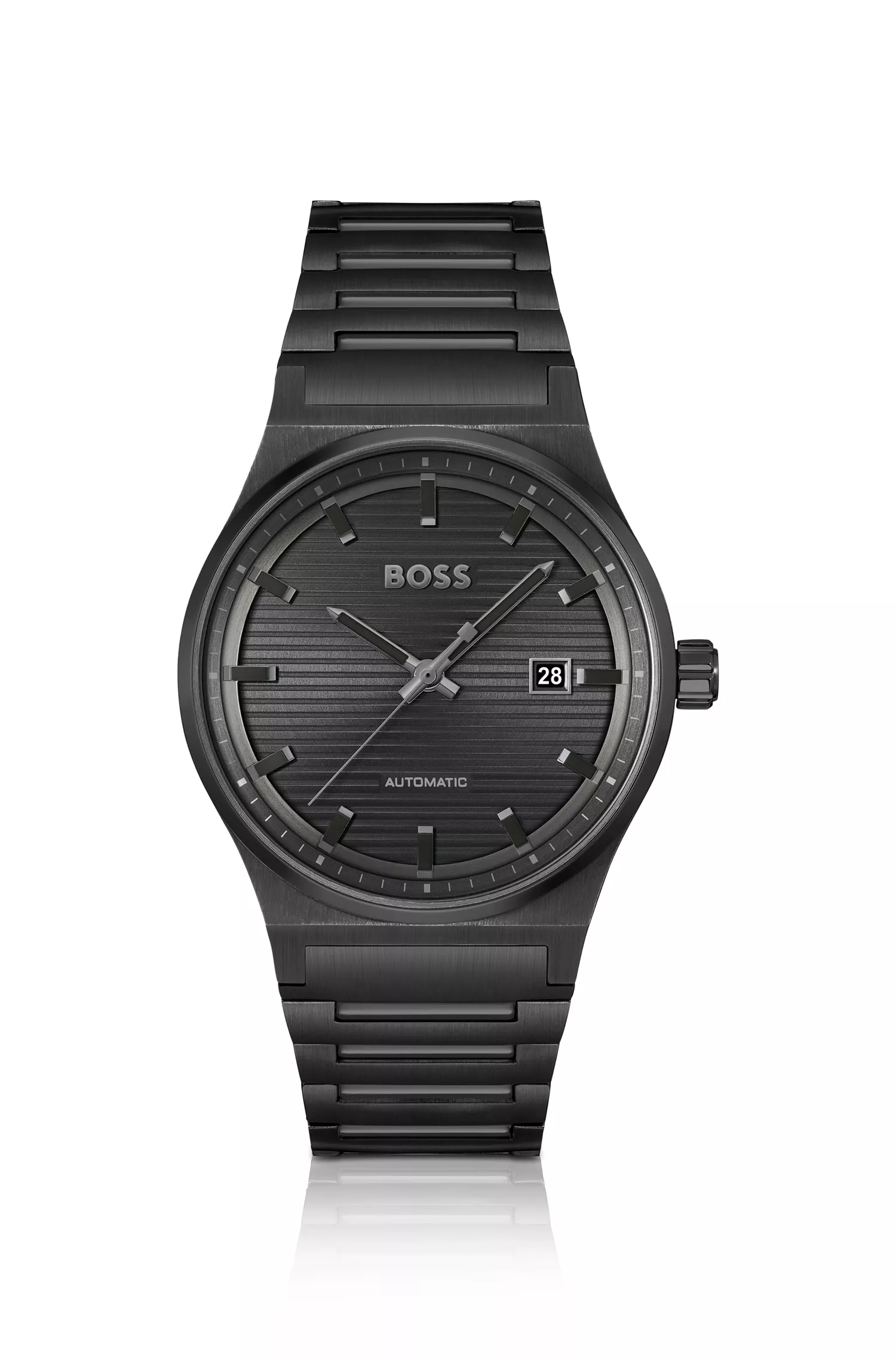Relógio automático BOSS preto com mostrador texturizado.