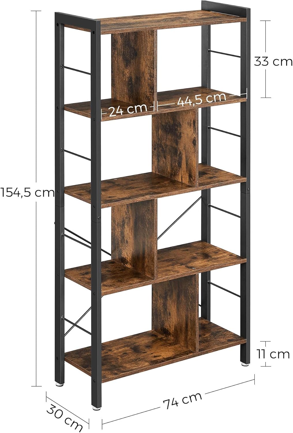 VASAGLE Regal, Bücherregal, Büroregal mit 5 Ebenen, Standregal, Aufbewahrungsregal, groß, Metallgestell, vintagebraun-tintenschwarz LBC12BX IN9831005