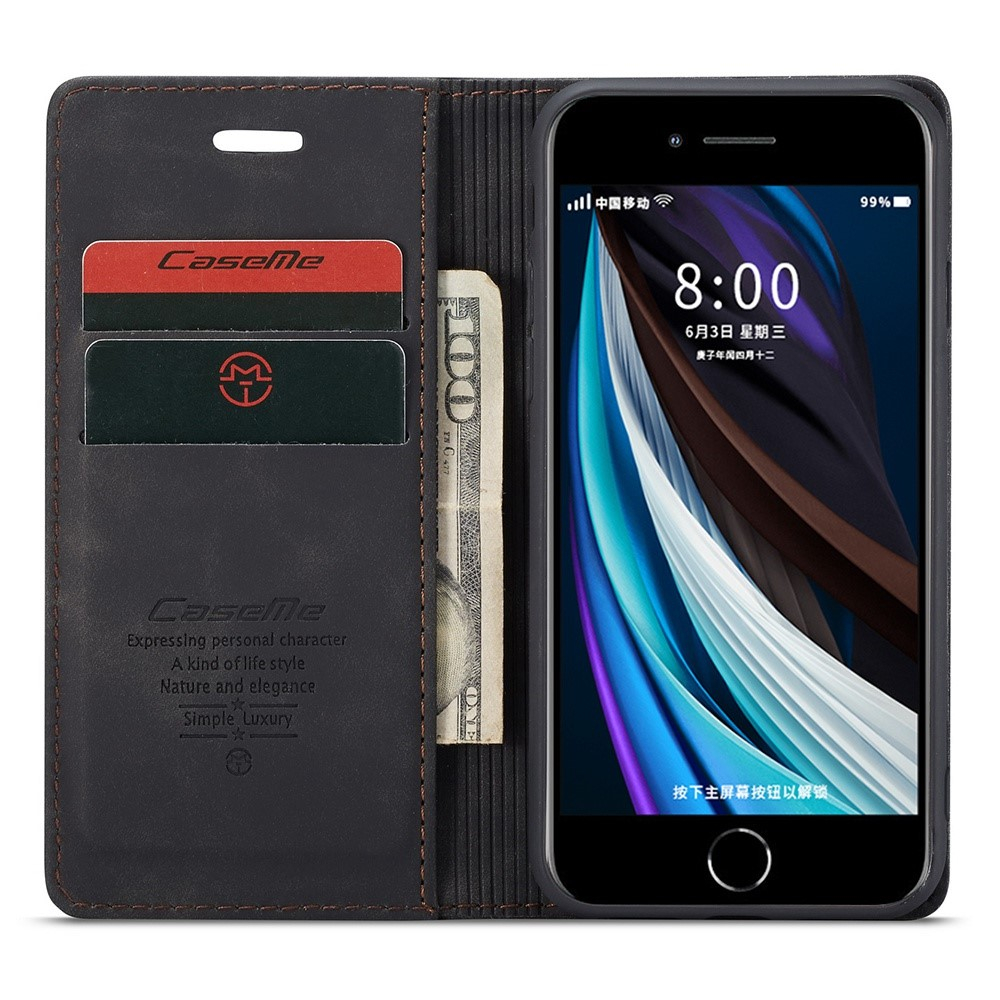 iPhone SE (2022/2020) / 8 / 7 / 6S Leder Tasche Flip Wallet Etui mit Kartenfächern - Schwarz