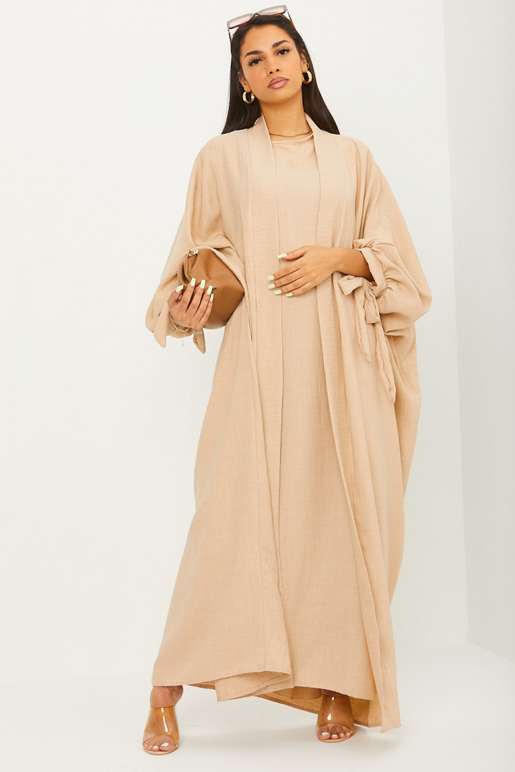Ensemble effet lin 2 pièces kimono + robe beige