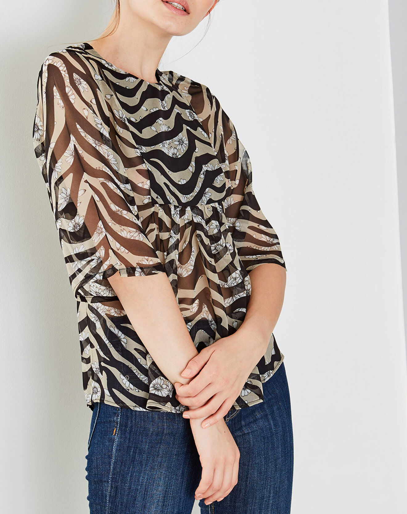 Paul & Joe Sister Blouse 100% Soie Juliano imprimée transparente beige/noir