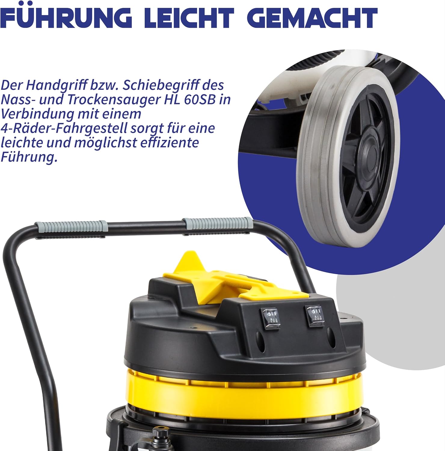 Nass und Trockensauger HL 60SB – Industriesauger, leistungsstarkes Saugsystem mit 2x1000W Motoren, 60L Fassungsvermögen, Schlauch & Wassersaugdüse - Reinigungsmaschine Boden