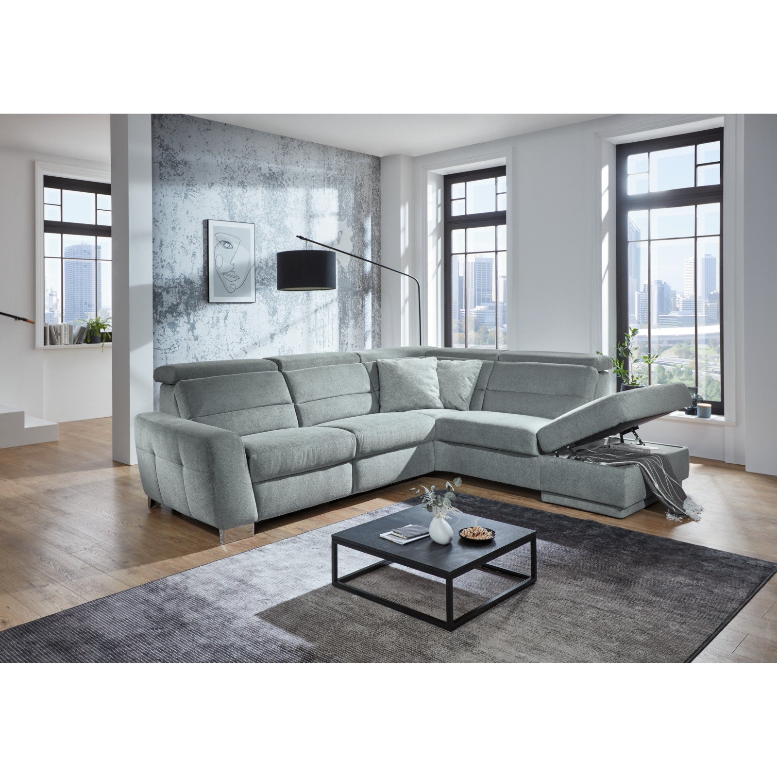 Ecksofa Regensburg Stoff steel, Ottomane rechts