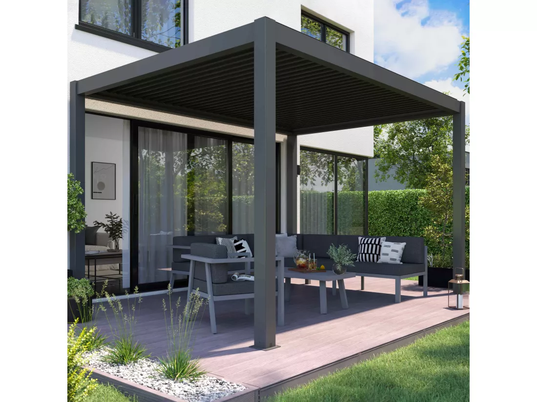 Pergola bioclimatique autoportée motorisée et éclairée 3 x4 x2,5m gris