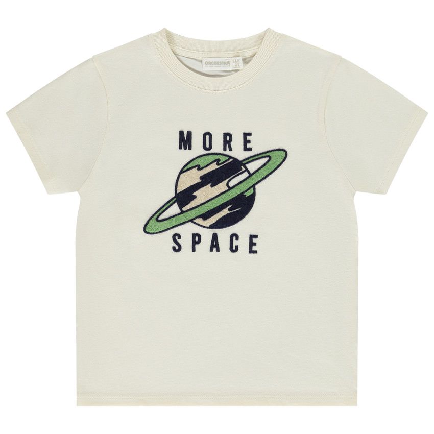 T-shirt manches courtes patch brodé planète pour garçon - Ecru