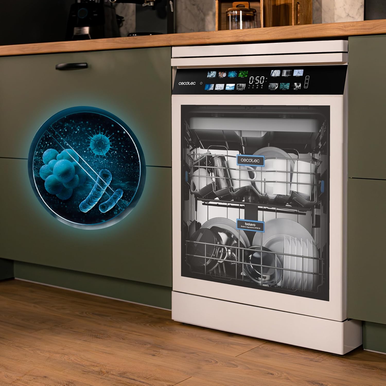 Cecotec Geschirrspüler 60 cm - Freistehend Bolero Aguazero 6700 B. 15 Bestecke, energieeffizient, Inverter Plus Motor, XXL Fullcolor Display, drittes Fach, Turbo Dry+, Dual Zone Wash, WeiÃŸ