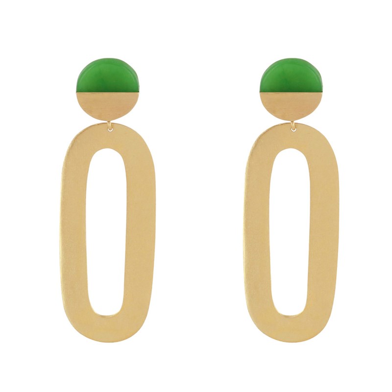Boucles d'Oreilles Laiton Doré Petit Disque Coloré et Grand Ovale Ajouré