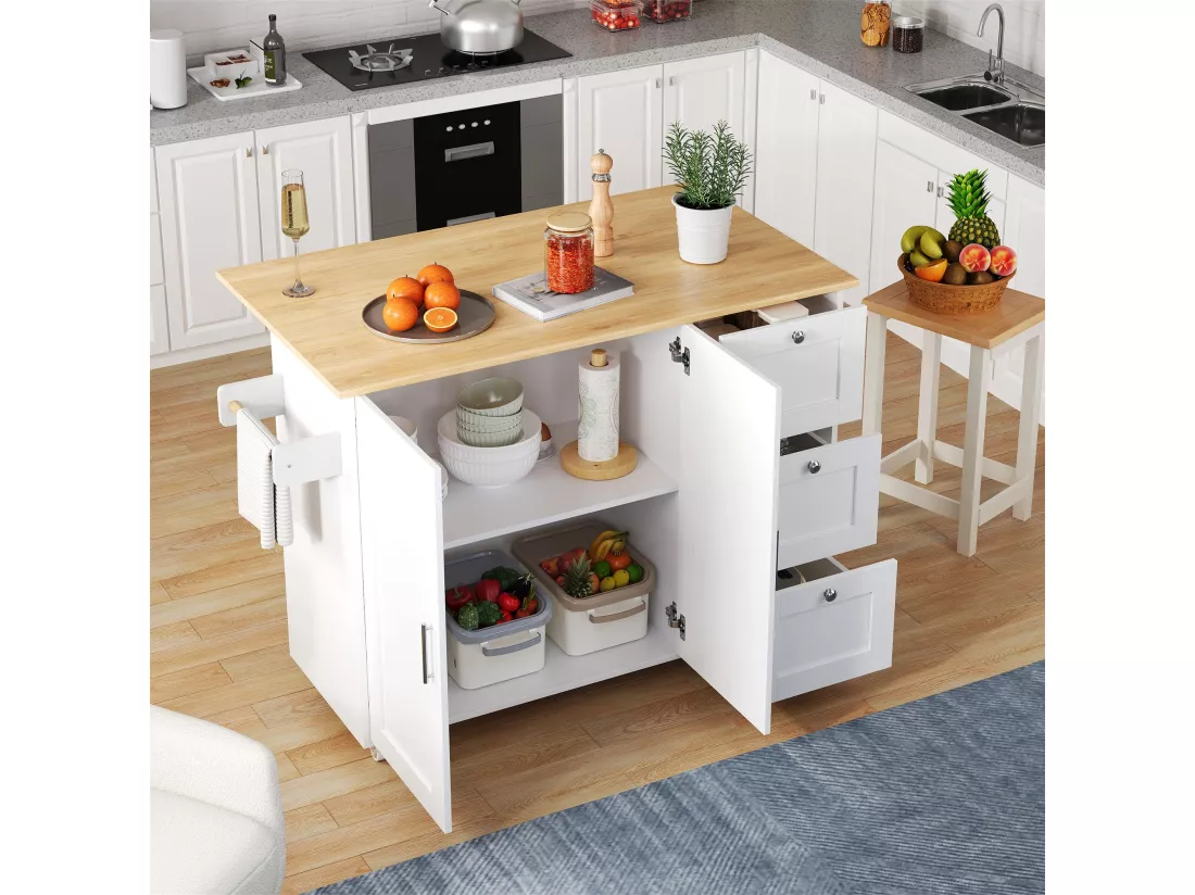 Buffet de cuisine,table de cuisine mobile,design pliable,avec 3 tiroirs et porte-serviettes,135x44(70)x90 cm,Blanc